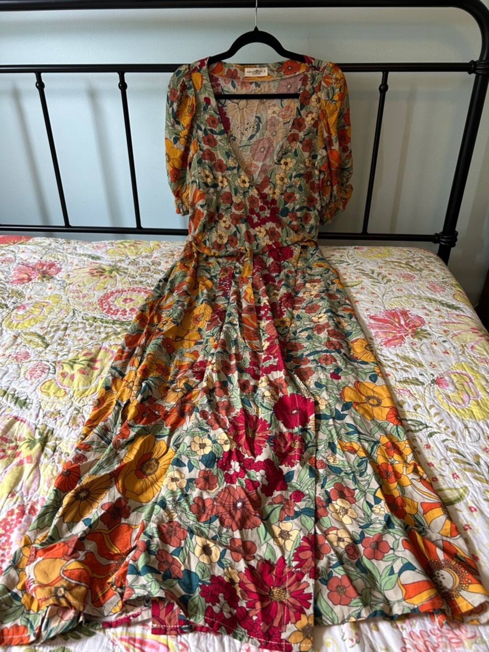 Natural Life Puff Sleeve Floral V-Neck Maxi Dress NWOT